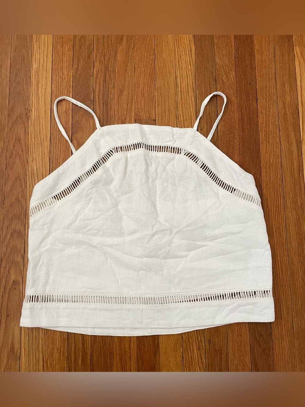 Women’s White Sleeveless Linen Top with Ladder Detail